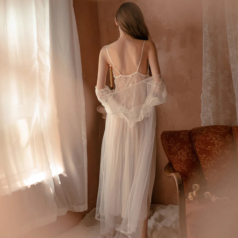 Lace Mesh Nightgown Long Bride Robe