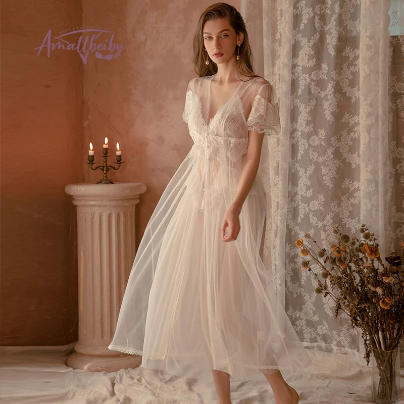 Lace Mesh Nightgown Long Bride Robe