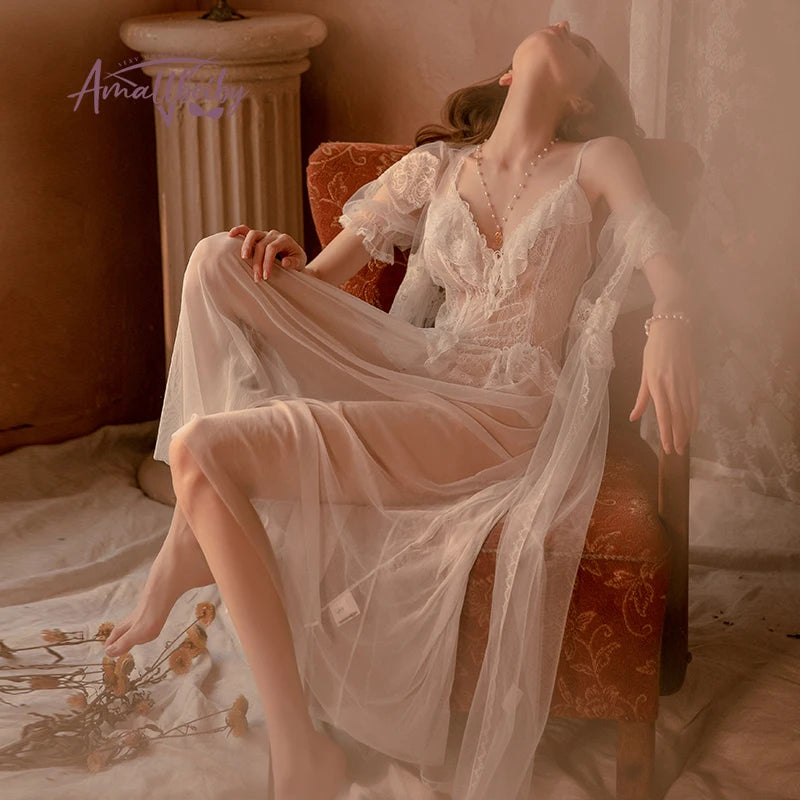 Lace Mesh Nightgown Long Bride Robe