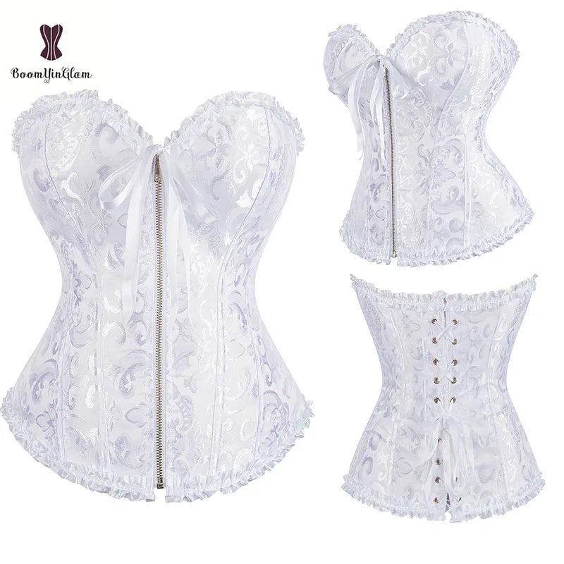 Front Zip Slimming Lace Up Boned Corset With G String