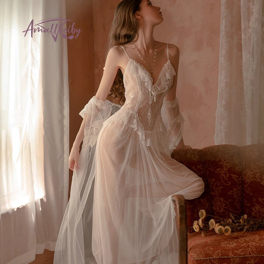 Lace Mesh Nightgown Long Bride Robe