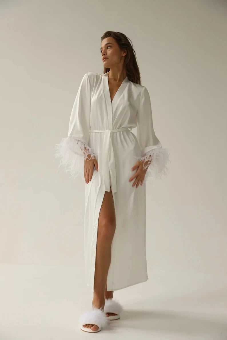 Bride Robe With Feather Sleeves