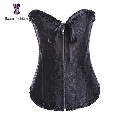 Front Zip Slimming Lace Up Boned Corset With G String