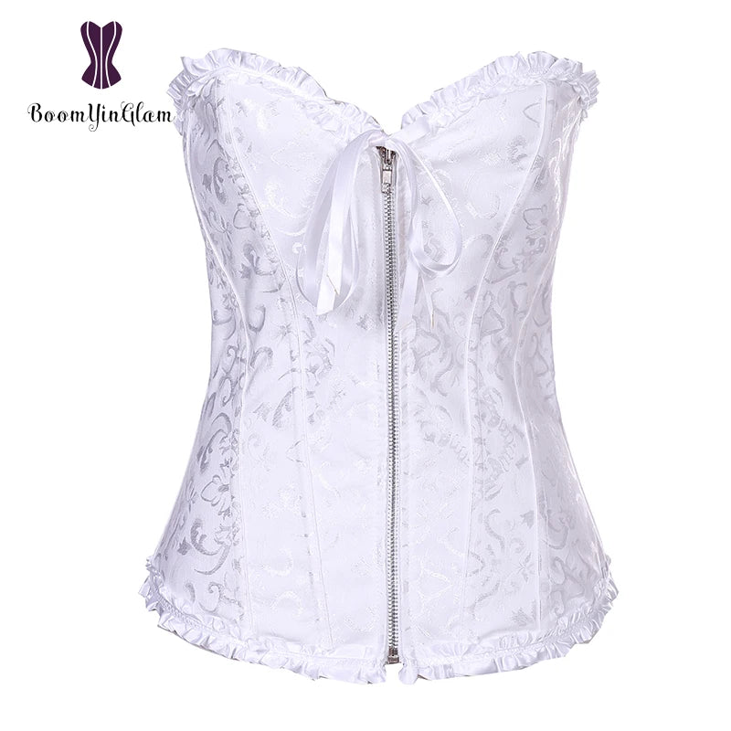 Front Zip Slimming Lace Up Boned Corset With G String